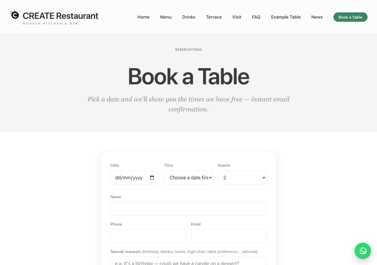 Table booking form with live availability