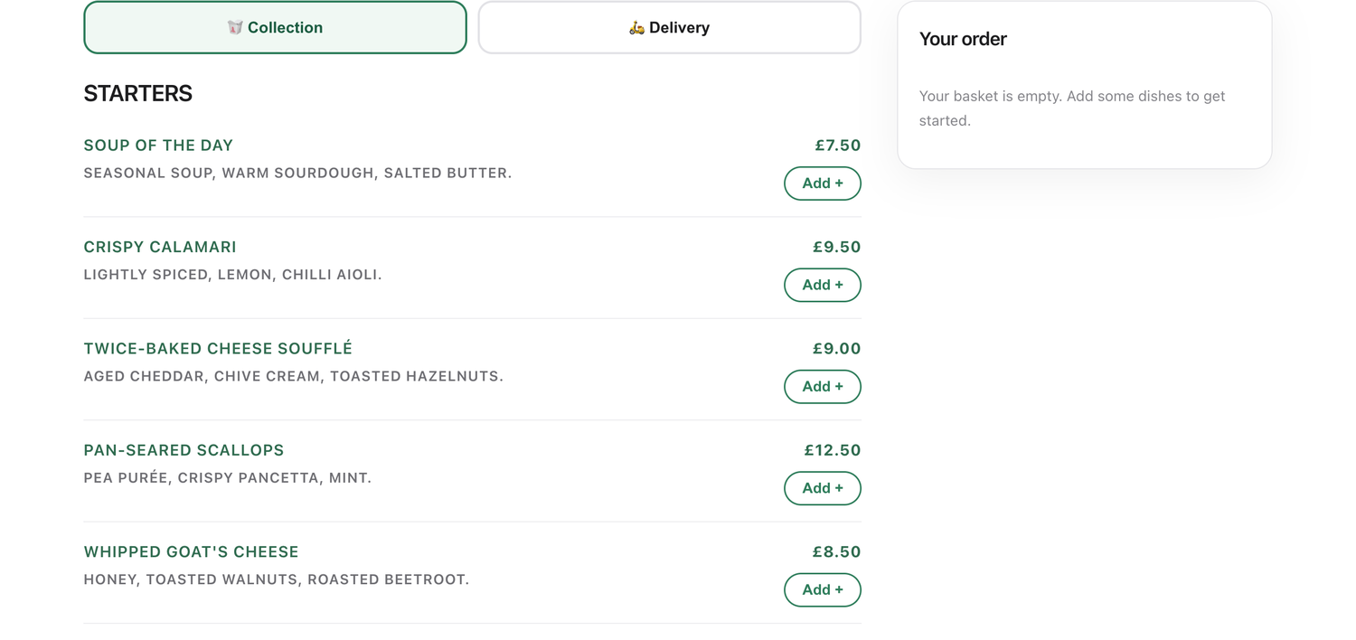 Online ordering page with collection and delivery, live menu and basket